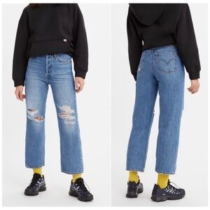 Levi's Ribcage Straight Ankle High Rise Blue Distressed Ripped Size 32 x 27J8